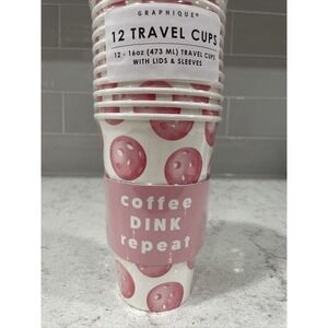 PICKLEBALL Set of 12 Travel 16oz Disposable Coffee Cups w/ Lids & Sleeves Party